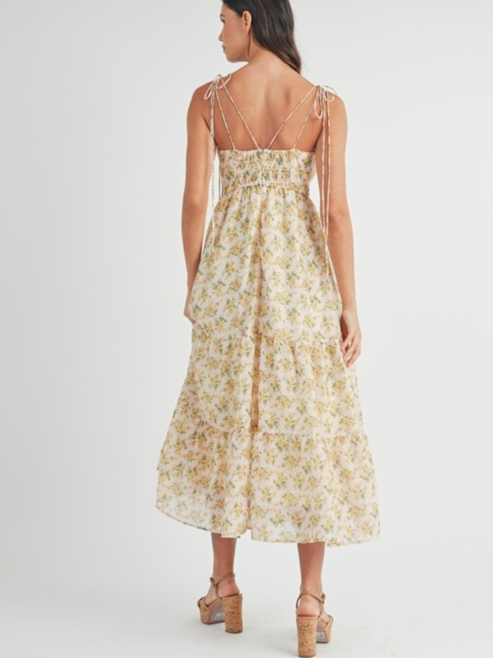 Floral print double self tie spaghetti strap tiered midi dress. Small - Picture 5 of 7